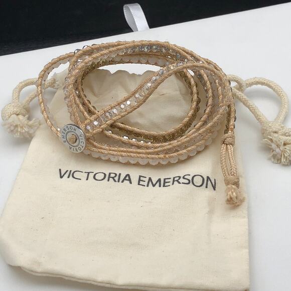 Victoria Emerson Bracelet 34" Beaded Boho Wrap Neutral Tan Crystals w/ Pouch - Picture 5 of 5